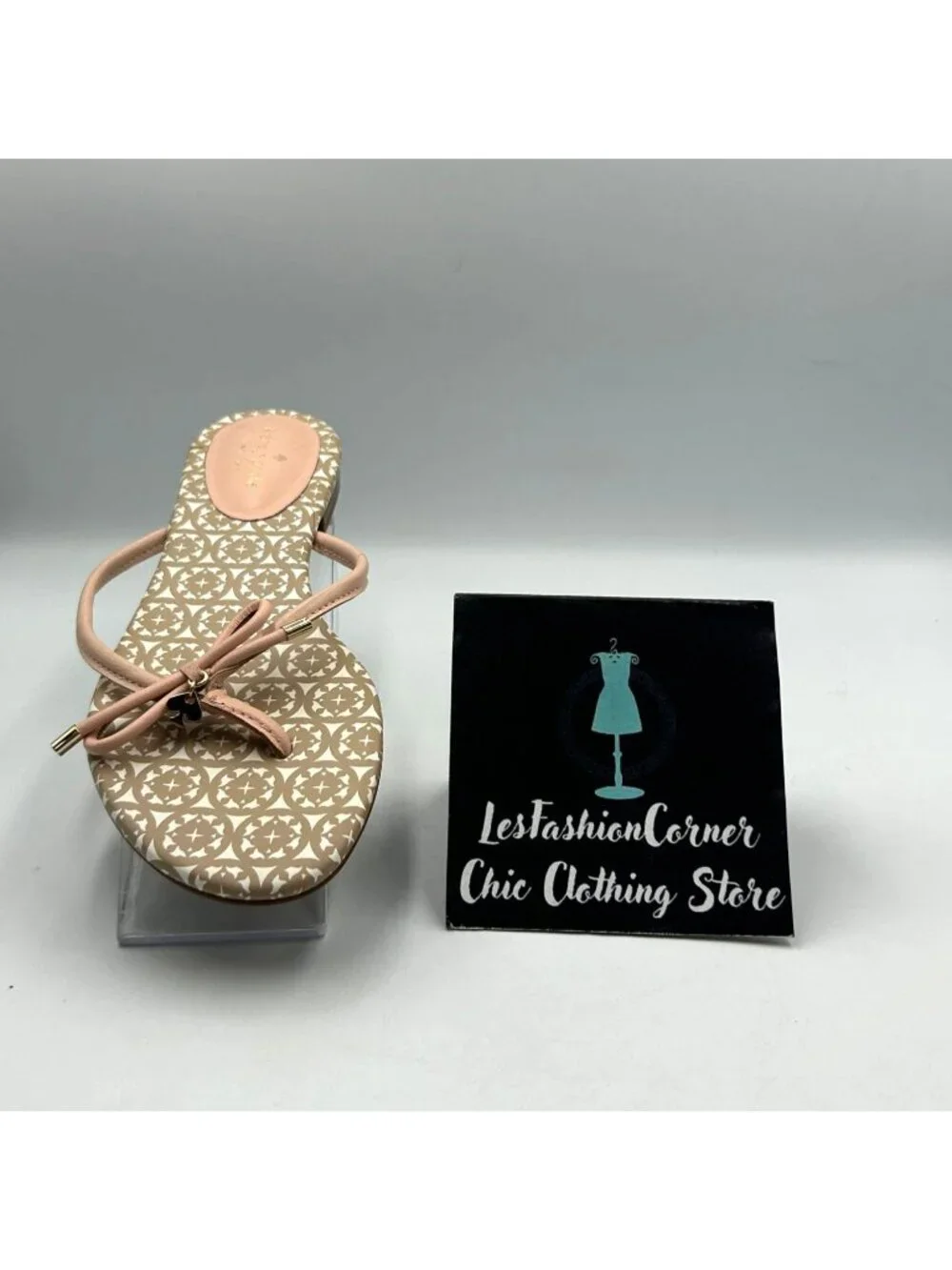 Kate Spade Women's Beige Pink Leather Mistic Bow Flats Sandals Size 9.5 3615